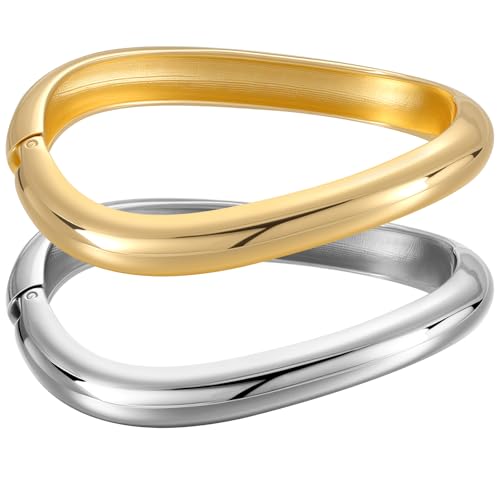 Emibele Gold Bangles for Women, 2PCS Irregular Chunky Gold Bracelet Hinged Open Bangle Bracelets for Women, Fashion Wide Arm Cuff Minimalist Chunky Jewelry Gifts for Valentine Christmas Birthday - style: A Gold Silver