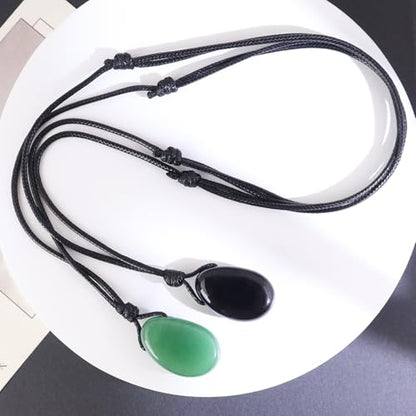 Natural Gemstone Pendant Necklace Healing Crystal Stone Choker Necklace Adjustable Waxed Black Rope for Men - color: 2pcs(Green Aventurine+Black Obsidian)