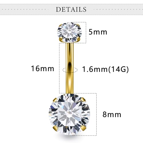 Belly Button Rings Surgical Steel Internally Threaded Belly Button Ring 10MM/12MM/14MM/16MM Navel Rings for Women Clear CZ 14G Long Bar Navel Piercing Jewelry - color: goldtone, size: 16mm bar length