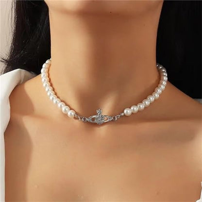 Dreuyet Saturn Pearl Necklace and Earrings Set Crystal Planet Earrings Dainty Artificial Pearl Choker Necklace Charm Gifts for Mum Wife Wedding Birthday Anniversary - color: Saturn Earrings Necklace Bracelet Silver