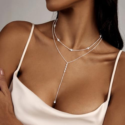 Zeffy Lariat Gold Necklace for Women, Dainty Long Necklace 14k Gold/Silver Plated Layered CZ Beaded Bar Chain Y-Shaped Body Chain Stack Drop Wedding Necklace Trendy Simple Gold Jewelry Gifts - color: Silver CZ Layered Y Necklace(2PCS)