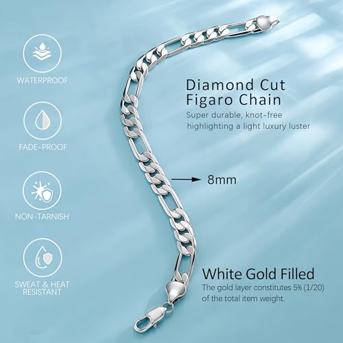 ⅓inch(8mm) White Gold Figaro Chain Bracelets for Men,Luxury Mens Bracelet,High-end Silver Chain Bracelets for Women,Hypoallergenic Durable Stacking Bracelet Gift for Boyfriend,Dad,Grilfriend 7.5-9IN - size: 8IN