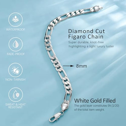 ⅓inch(8mm) White Gold Figaro Chain Bracelets for Men,Luxury Mens Bracelet,High-end Silver Chain Bracelets for Women,Hypoallergenic Durable Stacking Bracelet Gift for Boyfriend,Dad,Grilfriend 7.5-9IN - size: 8IN