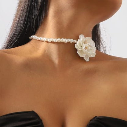 White Pearl Flower Choker Necklaces for Women Large Fashion Camellia French Collar Necklace Trendy Big Pearl Beaded Floral Statement Jewelry Petal Accessories