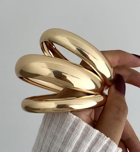 Chunky Gold Bangle Bracelets for Women, Dainty 14k Gold Plated Big Stackable Bangles Set, Trendy Statement Cuff Bracelet Stack Fashion Jewelry Gifts - style: 3 Thick gold bangles