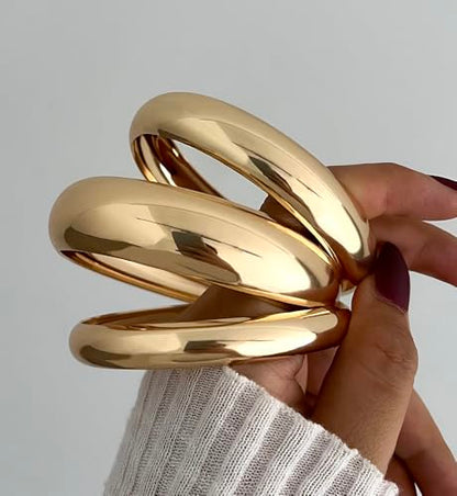 Chunky Gold Bangle Bracelets for Women, Dainty 14k Gold Plated Big Stackable Bangles Set, Trendy Statement Cuff Bracelet Stack Fashion Jewelry Gifts - style: 3 Thick gold bangles