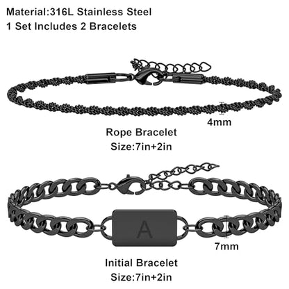 2PCS Initial Letter Stainless Steel Bracelet, A-Z Letter Pendant Silver Gold Black Cuban Rope Link Chain for Men Women Jewelry Set - color: Black