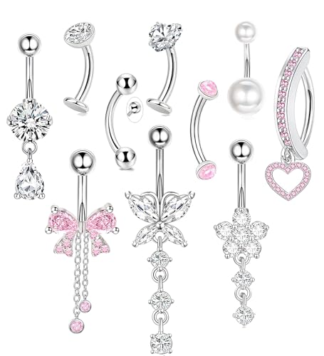 Dangle Floating Gold Belly Button Ring Surgical Stainless Steel Navel Piercing Set Hypoallergenic Small 14g Belly ring Heart Short Cute Pink Dangly Belly Piercing Jewelry for Women - color: silver