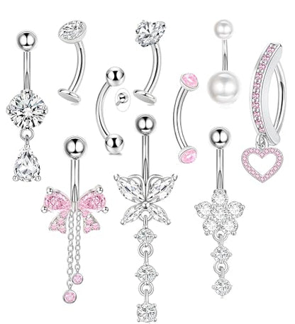 Dangle Floating Gold Belly Button Ring Surgical Stainless Steel Navel Piercing Set Hypoallergenic Small 14g Belly ring Heart Short Cute Pink Dangly Belly Piercing Jewelry for Women - color: silver