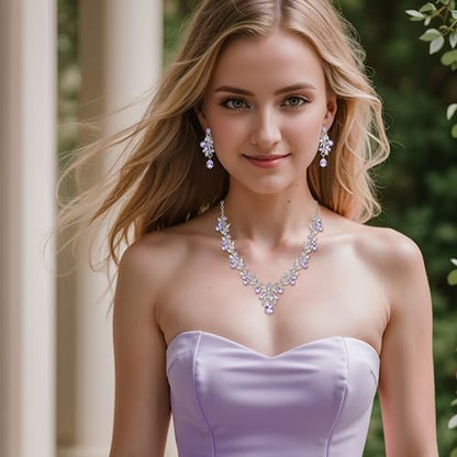 Women's Wedding Jewelry Set Leaf Flower for Bridal Prom Party | Stunning Crystal Teardrop Marquise Cluster Pendant Necklace Dangle Earrings Set for Bride Bridesmaid - color: Light Purple Silver-Tone