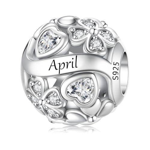 925 Sterling Silver Lucky Clover Birthstone Charms for Bracelets Dangle Pendant with 5A Cubic Zirconia Compatible Pandora Bracelets, Ladies Birthday Gift - style: 4-April