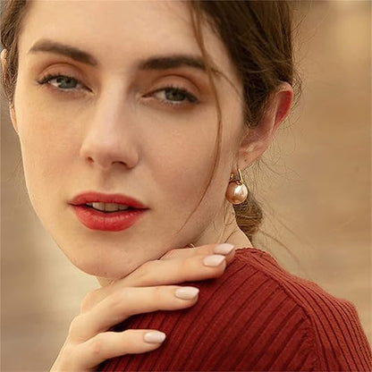 HUGE TOMATO Elegant 925 Sterling Silver Pearl Drop Earrings for Women, 14K Gold Plated Dangle Stud Earrings, Hypoallergenic Large Pearl Hoop Earring dangling 12mm - color: Pink Champagne