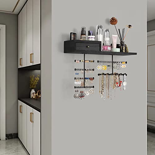 VINAEMO Jewelry Organizer Hanging Wall Mounted Jewelry Holder with Rustic Wood Drawer & Large Capacity Storage Shelf Rack Display for Earrings Rings Necklaces Bracelet(Black) - color: Black