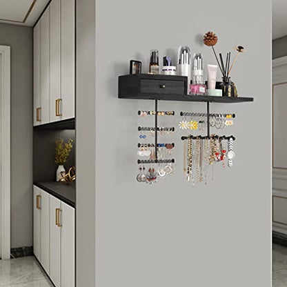 VINAEMO Jewelry Organizer Hanging Wall Mounted Jewelry Holder with Rustic Wood Drawer & Large Capacity Storage Shelf Rack Display for Earrings Rings Necklaces Bracelet(Black) - color: Black