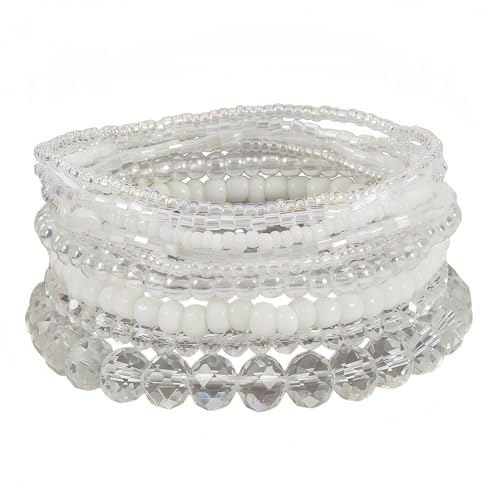 Bohemian Colorful Crystal Glass Beads Seed Beaded Bracelet Handmade Adjustable Stackable Elastic Strand Bangle for Women Summer Beach Hawaii Boho Wristbands Jewelry - color: clear
