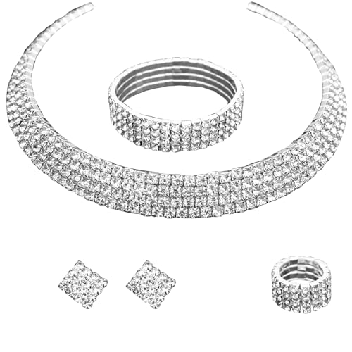Silver Plated Elegant Necklace Earrings Bride Bridesmaid Jewelry Sets for Wedding Prom Crystal Jewelry Set for Women Costume Accessories - color: 014-Silver Plated