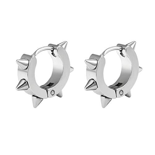 PROSTEEL Stainless Steel Huggie Hoop Earrings for Mens Gold/Black/Silver | Skull/Infinity Pattern, Spike/Cuban Links 4 Design Options Hypoallergenic Lightweight Earring Hip Hop Punk Gothic Jewelry - style: Spike Hoop-Silver
