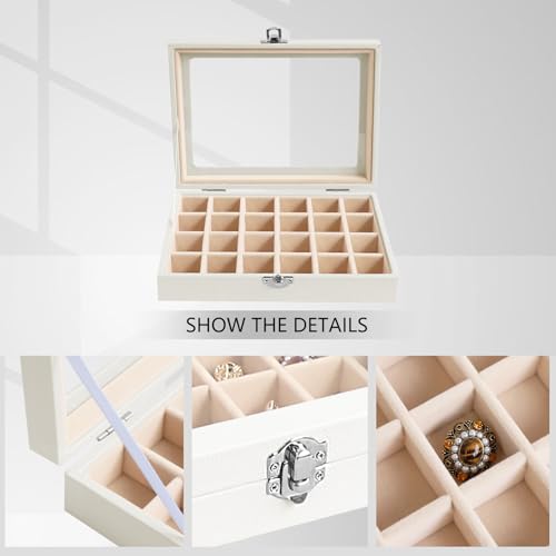 Wudygirl 24 Grid Earring Organizer Small Jewelry Box with Lid WhiteCream | Ring Box with Adjustable Dividers, Velvet Lining, Ideal for Rings, Earrings, Jewelry Display, Gift Giving - style: White Cream 24 Grid