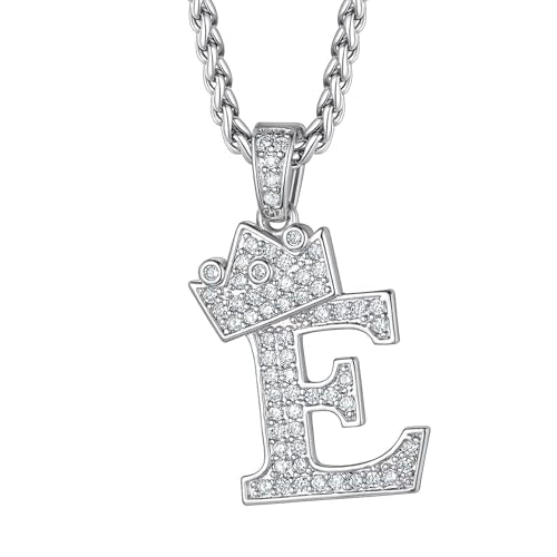 Richsteel Silver Crown Initial A-Z Letter Pendant Necklace for Men Women | Cubic Zirconia Monogram, 316L Steel Chain, 22" + 2" Extender,Hypoallergenic,Gift Box, Hip Hop Jewelry - style: E
