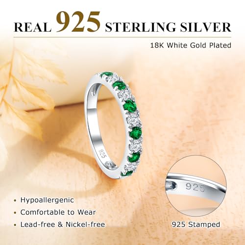 Bezel Set Birthstone Wedding Band 14K Gold Sterling Silver Stackable Half Eternity Band Rings 2.5mm Wide Ruby/Amethyst/Sapphire/Emerald Green/Aquamarine Ring for Women, Send Gift Box - style: 05-Created Emerald & CZ