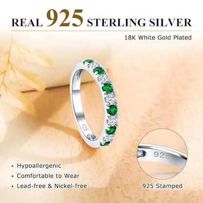 Bezel Set Birthstone Wedding Band 14K Gold Sterling Silver Stackable Half Eternity Band Rings 2.5mm Wide Ruby/Amethyst/Sapphire/Emerald Green/Aquamarine Ring for Women, Send Gift Box - style: 05-Created Emerald & CZ