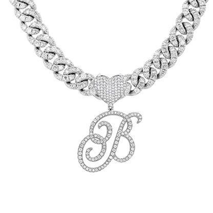 Initial Necklaces Silver Cuban Link Chain for Women Iced Out Chain with Heart Letter Pendants Custom Chain Name Necklace Hip Hop Jewelry Gift - color: B
