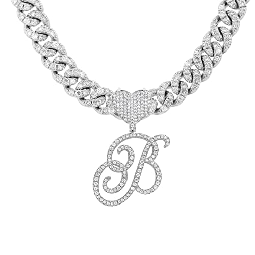 Initial Necklaces Silver Cuban Link Chain for Women Iced Out Chain with Heart Letter Pendants Custom Chain Name Necklace Hip Hop Jewelry Gift - color: B