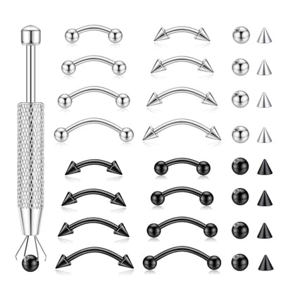 16PCS Eyebrow Piercing Jewelry, 16PCS Replacement Balls and Spike, Curved Barbell Piercing Jewelry, Vertical Labret Lip Jewelry, Rook Piercing for Women Men