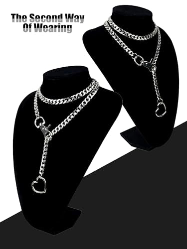 paloli Women's Slip Chain Rainbow Heart O-Ring Chunky Chain Necklace, Rays Cuban Long Layered Jewelry, Adjustable Lariat Y-Necklace Heart Loop Choker - color: B-Heart-Silver