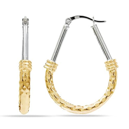 LeCalla 925 Sterling Silver Hoop Earrings for Women | Italian Design Classic Diamond-Cut Textured Hoops Earring | Women's Oval Drop Shape Silver Earring Jewelry - color: Large Two-Tone
