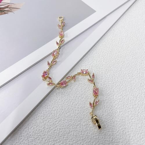 Dainty Crystal Flower Leaf Bracelet for Women Gold-Tone/Silver Plated Sparkling Oval Cz Cubic Zirconia Floral Tennis Bracelets Sweet Fine Bridal Wedding Party Prom Fashion Jewelry 7.28inch - color: Gold-Tone
