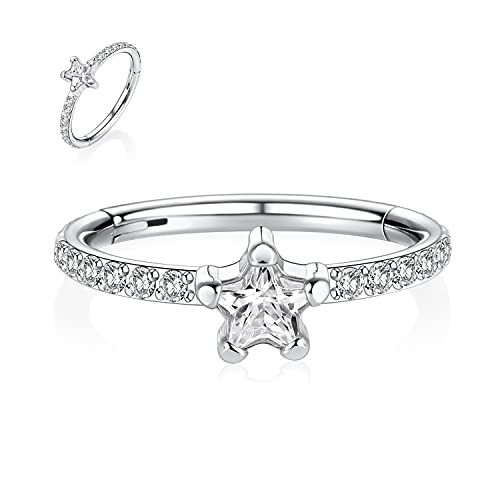 16G Cartilage Earring Hoop 316L Surgical Steel Daith Helix Conch Earrings Tragus Rook Earrings CZ Opal Septum Jewelry Seamless Clicker Nose Rings Hinged Segment Ring Hoop Earring for Women Men - color: 1PC,Silver,Star CZ