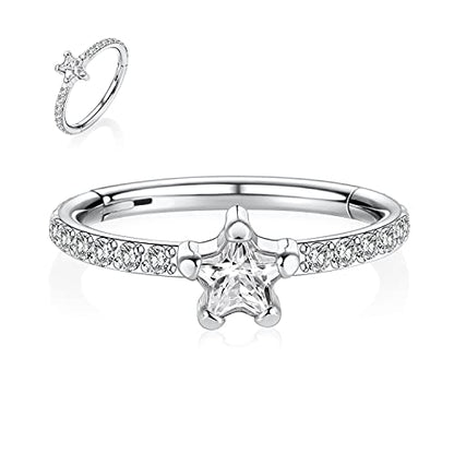 16G Cartilage Earring Hoop 316L Surgical Steel Daith Helix Conch Earrings Tragus Rook Earrings CZ Opal Septum Jewelry Seamless Clicker Nose Rings Hinged Segment Ring Hoop Earring for Women Men - color: 1PC,Silver,Star CZ