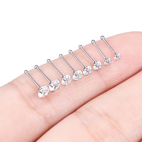 Hoeudjo Hypoallergenic Nose Rings Studs 24G Surgical Stainless Steel Cubic Zirconia Nose Studs for Women Men Screw & Bone & L Shaped Nostril Piercing Jewelry with 1.5mm 2mm 2.5mm 3mm CZ - color: silvertone,nose bone studs