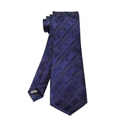 5PCS Mens Silk Tie, Pocket Square, Cufflinks, Drilled Tie Ring and Lapel Pin Set for Wedding Groom Party - color: Blue Plaid Tie Set -228+18