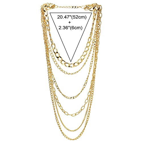 COOLSTEELANDBEYOND Statement Necklace Waterfall Multi-Strand Curb Link Rolo Chains, Punk Rock Cool, Light Weight - color: A-Color: 18K Gold-Plated