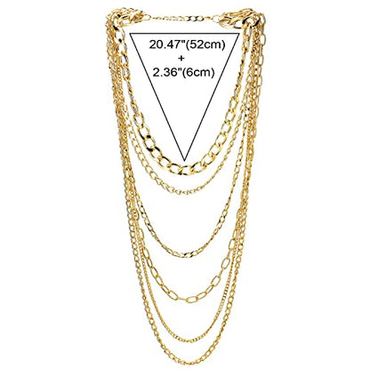COOLSTEELANDBEYOND Statement Necklace Waterfall Multi-Strand Curb Link Rolo Chains, Punk Rock Cool, Light Weight - color: A-Color: 18K Gold-Plated