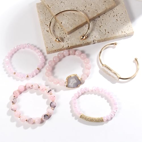 Yomisa 5PCS 6PCS Natural Boho Beaded Bracelets/Bangle for Women Men,Healing Turquoise Jasper Agate Crystal Gemstone Stone Chakra Multilayer Wrap Bohemian Handmade Jewelry Beads Stretch Bracelet Set - color: 6PCS-Pink