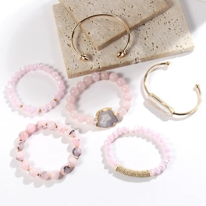 Yomisa 5PCS 6PCS Natural Boho Beaded Bracelets/Bangle for Women Men,Healing Turquoise Jasper Agate Crystal Gemstone Stone Chakra Multilayer Wrap Bohemian Handmade Jewelry Beads Stretch Bracelet Set - color: 6PCS-Pink