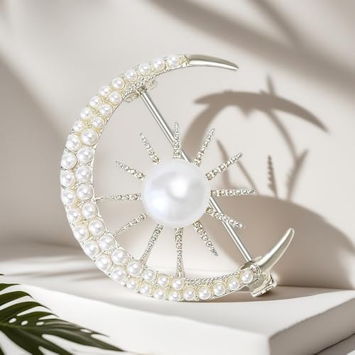 Pearl Sun Moon Brooch Lapel Pin Clothes Accessories Faux Pearl Crescent Moon Planet Gold Plated Pins Dress Suit Backpack Hat Corsage Brooches for Women Elegant Jewelry