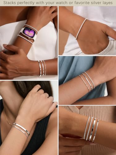 Dainty Gold Bracelet for Women Trendy Non Tarnish, Thin Bracelets Stackable Set with Bangle Cuff, Box, Herringbone, Paperclip, Figaro, Sparkling Link Chains Waterproof, Simple Jewelry Gifts for Women - color: Silver-tennis/cuban/bangle/paperclip/snake