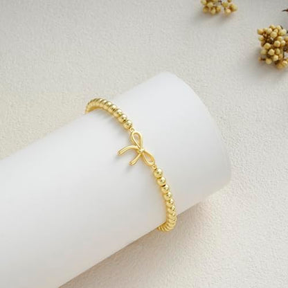 Beaded Bracelets for Women 14K Silver Gold Plated Stretch Handmade Ball Bracelets Cute Charm Bracelet Dainty Stackable Cross Heart Bow Wave CZ Circle Trendy Jewelry Easter Gifts - color: bow