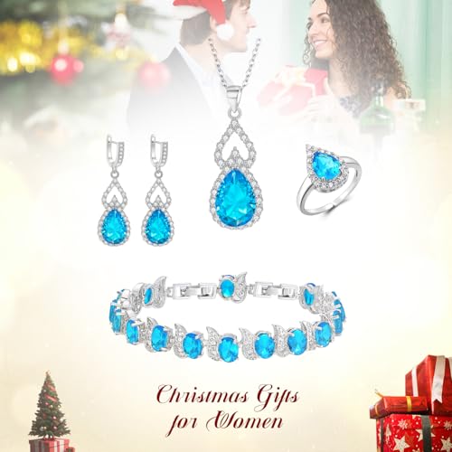 Wedding Jewelry Set for Women Bride Bridesmaid | Gorgeous Cubic Zirconia Teardrop Necklace Earrings Bracelet Adjustable Ring Jewelry Gift for Birthday/Anniversary - color: 15-Blue Topaz Silver-Tone