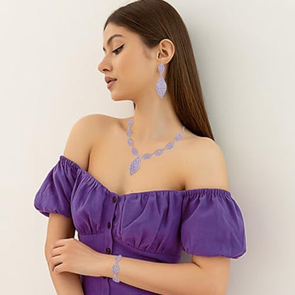 Flyonce Wedding Jewelry Set Rhinestone Crystal Bridal Leaf Necklace Drop Dangle Chandelier Earrings Sets for Women - color: Purple