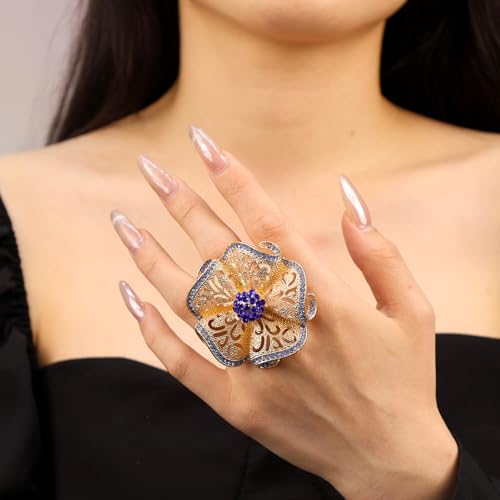 Elegant Big Crystal Flower Ring for Women Gold Rhinestone Floral Rings Open Finger Adjustable Crystal Flower Statement Ring Jewelry for Bridal Wedding - color: Flower 1 - blue