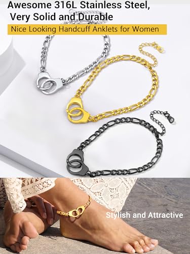 PROSTEEL Trendy Handcuffs Design/Customize Words Ankle Bracelet For Women, 316L Stainless Steel Anklets Silver/Gold/Black Tone, Hypoallergenic, Come with Box - style: 02 Handcuffs Anklet(8.5"-10.5")-Luxury Gold