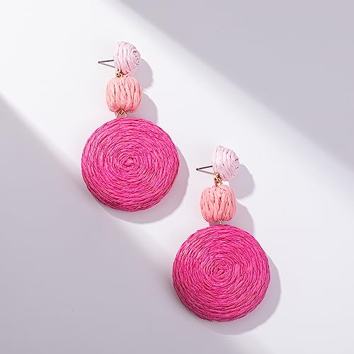 Statement Raffia Boho Round Dangle Ball Earrings - Cute Handmade Summer Bohemian Dangling Jewelry for Women - color: 3Pink