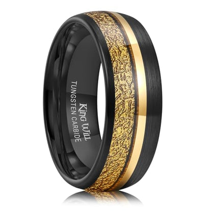 King Will Black Tungsten Rings for Men Hammer Wedding Band | Black, Grooved, Hammer Wedding Band Gold Groove, Sand Inlay, Everyday Wear - color: Embossed Golden Foil