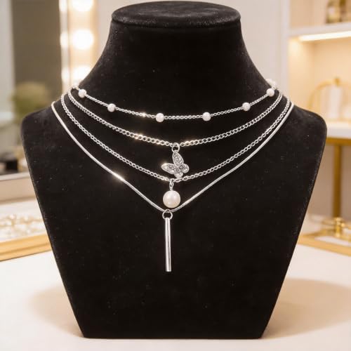 24 Pcs Y2K Necklace Set, Layered Grunge Emo Jewelry Pack With Cross, Butterfly, Heart, Moon, Star, and Pearl Chain Pendant Accessories, Daily Wear Gifts for Women - color: 16 Pcs Silver