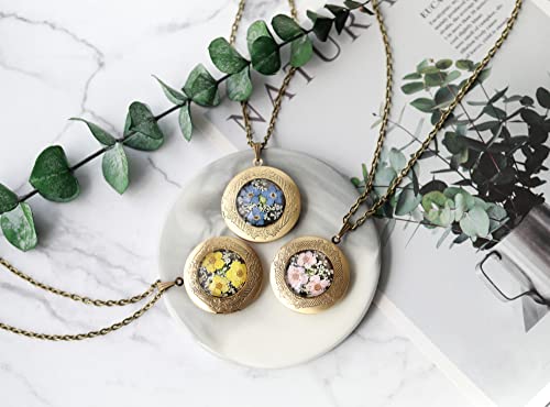 Handmade Oval Shaped Photo Locket with dried Pressed Flowers Locket pendant Necklace - style: Round Yellow Forget Me Not